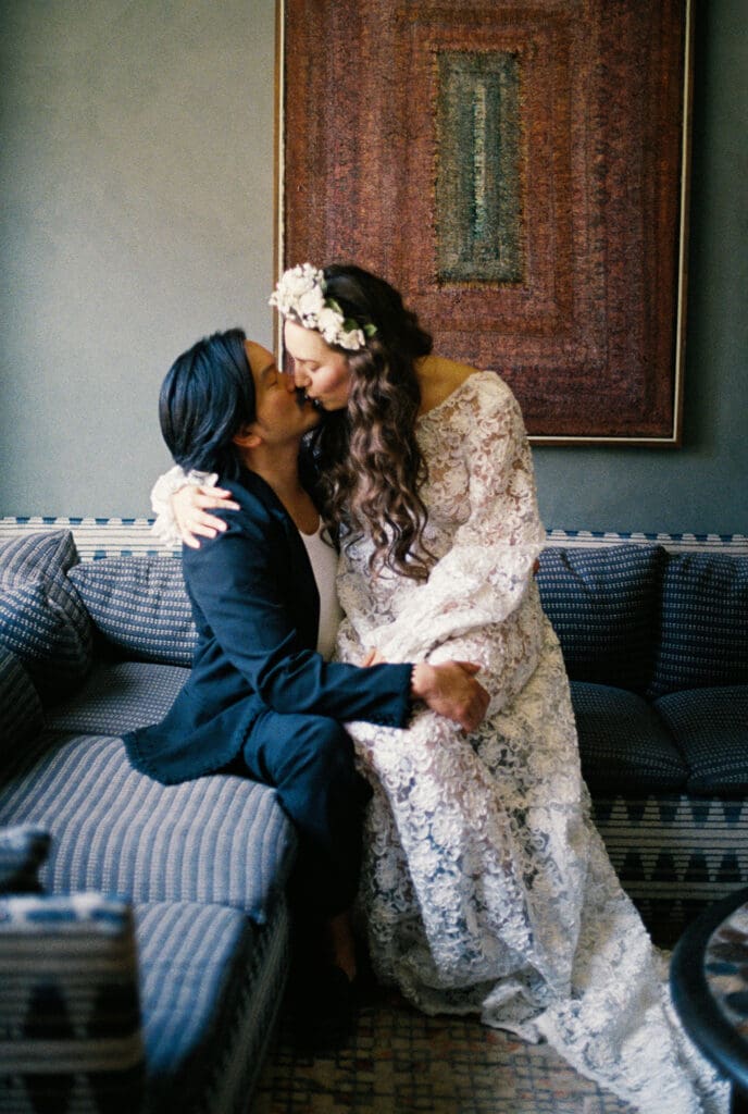 Bride and groom share an intimate kiss at the Proper Hotel in DTLA, shot on Kodak UltraMax 400 film.