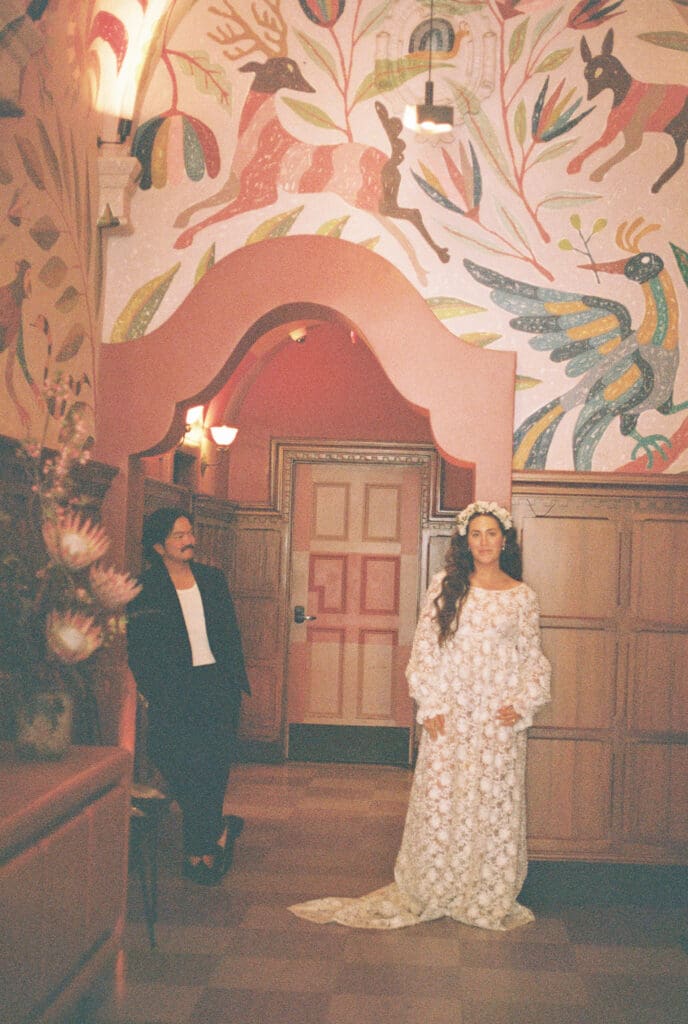 Bride and groom shot on film at the Proper Hotel, Downtown Los Angeles.